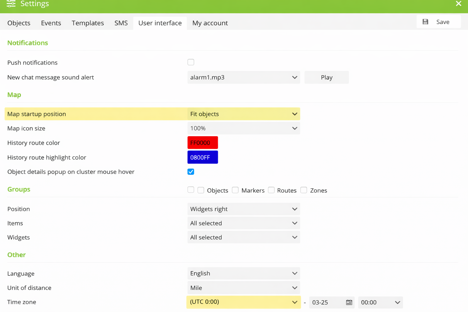 Track Wise desktop settings showing Map startup position and Time zone highlighted