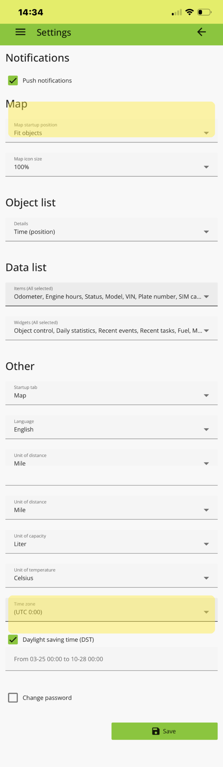 Track Wise app settings showing Map startup position and Time zone highlighted